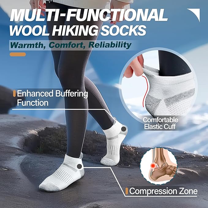 6 Pairs Merino Wool Ankle Running Hiking Socks Compression Support Breathable Thick Cushion No Show Socks for Women Men