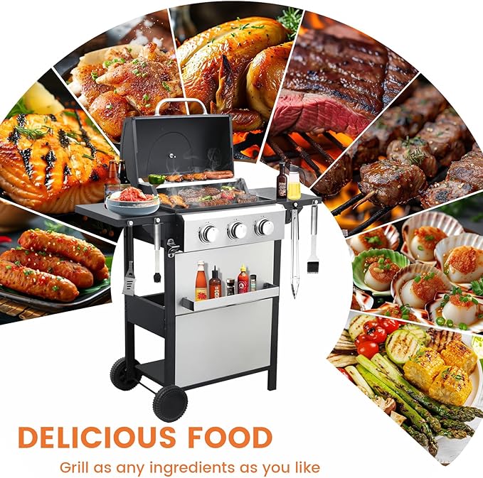 3-Burner Propane Gas BBQ Grill, 25650BTU Stainless Steel Barbecue Grill With Wire Enamel Cooking Grids, Foldable Side Table for Outdoor Camping (Style10 : 3 Burner)