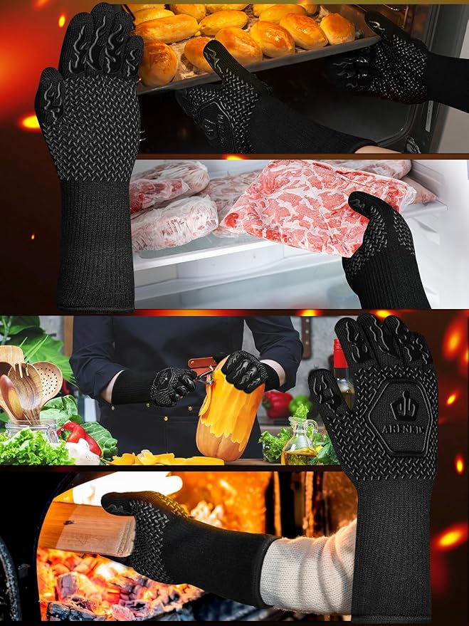 BBQ Oven Gloves 1472℉ Heat Resistant Oven Mitts Silicone Non-Slip Cooking Gloves for Barbecue, Grilling, Baking, Welding, Smoker (A Pair) (Black)