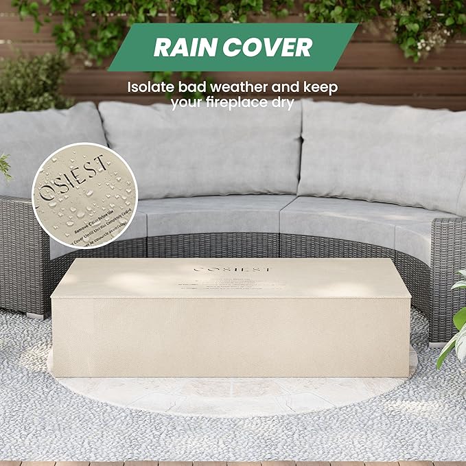 COSIEST Outdoor Propane Fire Pit Table, 56" x 28" Rectangle Terrazzo White Concrete-Like Finish, CSA Certified, 50,000 BTU Stainless Steel Burner w Transparent Gray Fire Glass, Wind Guard, Raincover