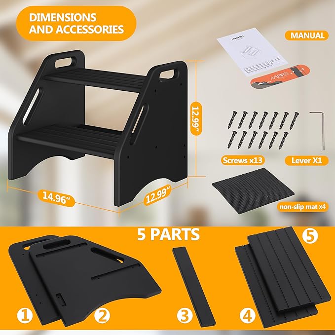 AMBIRD Wooden Step Stool, Two Step Stools 300 lbs Capacity with Safety Non-Slip Pads and Handles, Bamboo Step Stool for Bathroom, Kitchen Dual Height Step Stools for Adults (Black)