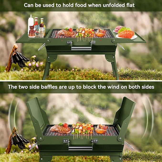 Portable Charcoal Grill Foldable Grills BBQ Grill Charcoal Small Grill for Travel, Camping, Outdoor Cooking, Backyard, Hiking, Patio Garden, Picnics, Green
