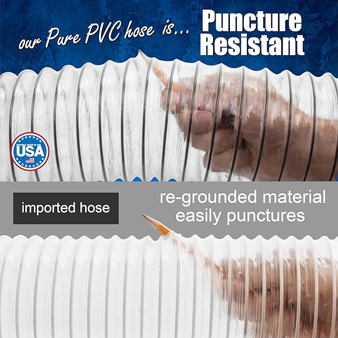 2-1/2" x 20' PVC Dust Collection Hose, Puncture Resistant, Carbon Steel Wire, Clear Flexible PVC Dust Collector Hose, Proudly Made in USA
