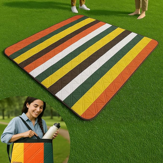 Picnic Blanket Waterproof Foldable – 2-in-1 Picnic Mat and Bag, Large Outdoor Beach Mat, Compact & Portable Picnic Blankets for Travel, Camping, Park, or Family Use (Stripes)