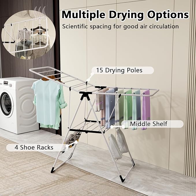Tangkula Clothes Drying Rack, Collapsible Laundry Rack with Hanging Rods, Shoe Hangers, Adjustable Gullwing and Foldable Design for Space-Saving, Stainless Steel Clothing Shelf