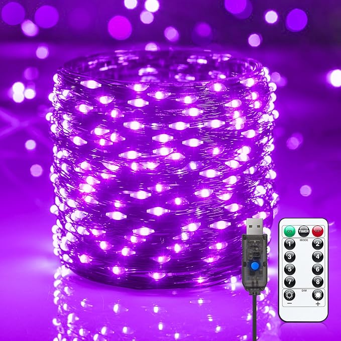 Halloween USB Fairy Lights Plug in, 33Ft 100 LED Twinkle String Lights with Remote and Timer, Waterproof 8 Modes for Bedroom Home Party Ghost Haunted House Indoor Outdoor Decorations, Purple