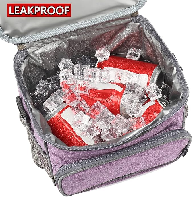 FlowFly Insulated Reusable Lunch Bag Adult Large Lunch Box for Women and Men with Adjustable Shoulder Strap,Front Zipper Pocket and Dual Large Mesh Side Pockets,Purple