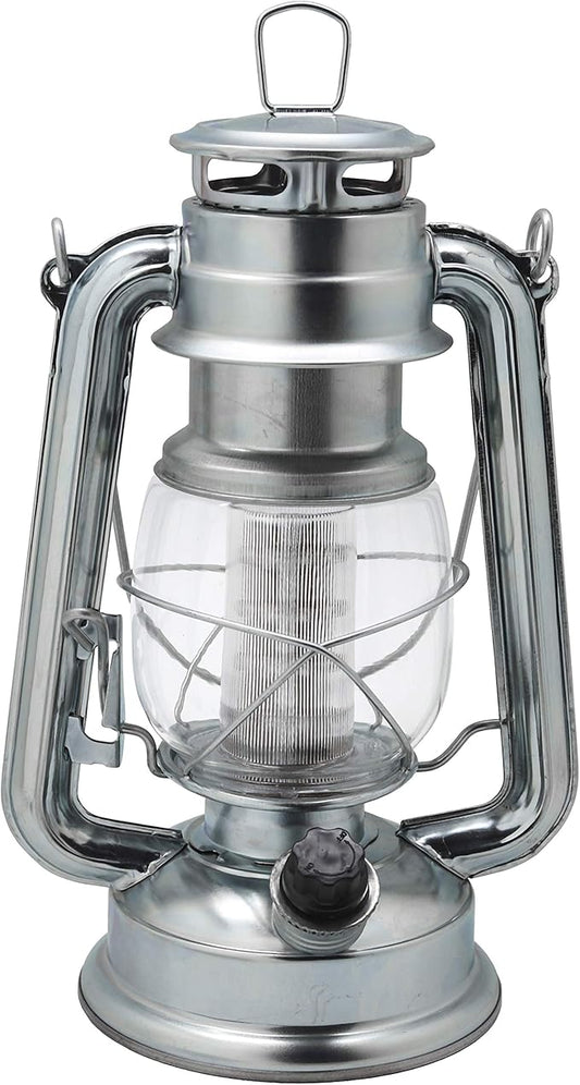 YAKii LED Vintage Lantern Metal Hanging Hurricane 12 LED Dimmer Switch Cold White Battery Operated Power Outage Indoor Camping Lighting Outdoor Brooklyn Decoration(Silver)