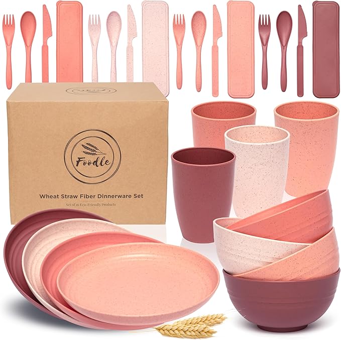FOODLE Wheat Straw Dinnerware Set - BPA Free & Safety Tested - Unbreakable, Microwave & Dishwasher Safe Dishes - Toddler & Kids Plates and Bowls Sets - College Dorm Room Essentials for Girls - For 4