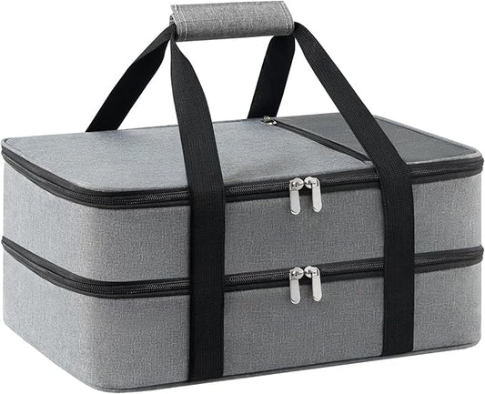 Double Insulated Casserole Carrier for Hot or Cold Food,Pie Carrier Bag Lunch Tote for Potluck Parties/Picnic/Cookouts, Fits 9"x13" Baking Dish, Grey