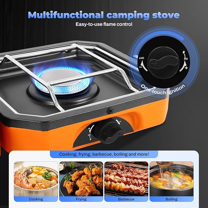 Adjustable 2-Burner Portable Stove with 16000 BTU, with Camping Grill and Carrying Bag, Portable Propane Camp Stove with 2 Burners & Piezo Ignition for Camping, Backyard BBQ,Tailgating (Orange)