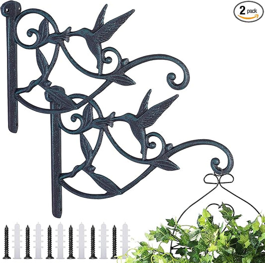 2PCS Plant Hangers Outdoor Heavy Duty Hanging Plant Bracket for Wall Indoor Garden Cast Iron Hummingbird Feeder Hooks Decorative Plant Hooks, Greenish
