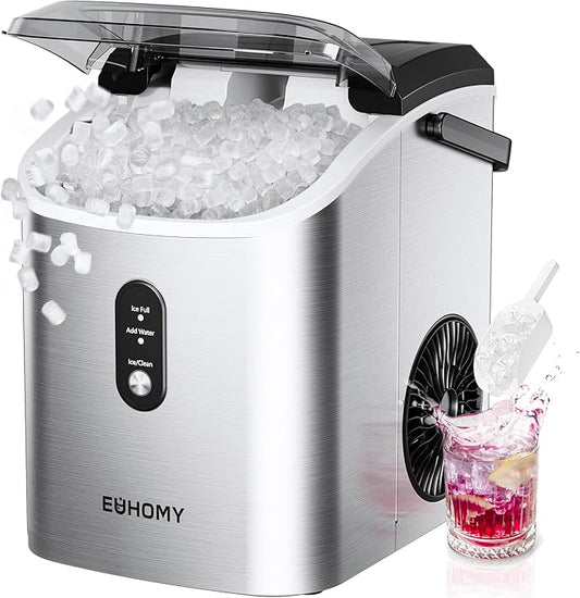 EUHOMY Nugget Ice Maker Countertop with Handle, Ready in 6 Mins, 34lbs Per Day, Removable Top Cover, Auto-Cleaning, Portable Sonic Ice Maker with Basket and Scoop, for Home/Party/RV/Camping (Silver)