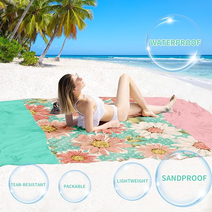 BYDOLL Beach Blanket Waterproof Sandproof 78''×110'' Suits1-7 Adults Compact Lightweight Oversized Sand-Free Blanket Large Picnic Mat for Beach Travel Camping Hiking