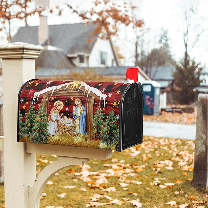 Christma Jesus Nativity Mailbox Cover Magnetic Standard Size 21" X 18" Xmas Holly Night Letter Post Wraps Religious Christian Jesus Red Buffalo Plaid Decorative Postbox Covers for Home Garden Yard