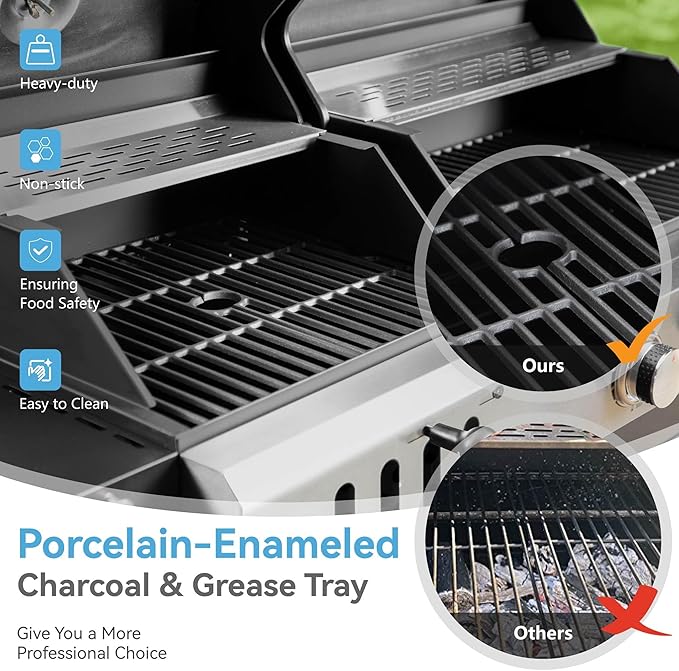 3 Burner Propane Gas and Charcoal Grill Combo with Side Burner & Porcelain-Enameled Cast Iron Grates, 37,000 BTUs 685 SQIN Dual Fuel Outdoor BBQ Grill for Patio Garden Picnic Backyard Barbecue Cooking