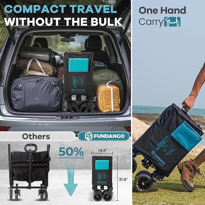 FUNDANGO Double Decker Wagon – 660L Extra High Extender Collapsible Wagons Carts Foldable Heavy Duty with Tailgate, Brakes & All-Terrain Big Wheels for Sports, Camping, Grocery Shopping, Blue