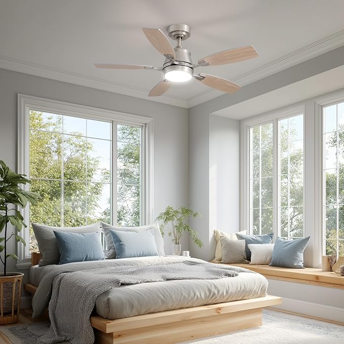 42" Ceiling Fan with Light, Modern Low Profile Ceiling Fan with Light, DC Reversible Motor, Smart APP & Remote Control, Whisper Quiet, Dimmable LED for Bedroom/Living Room
