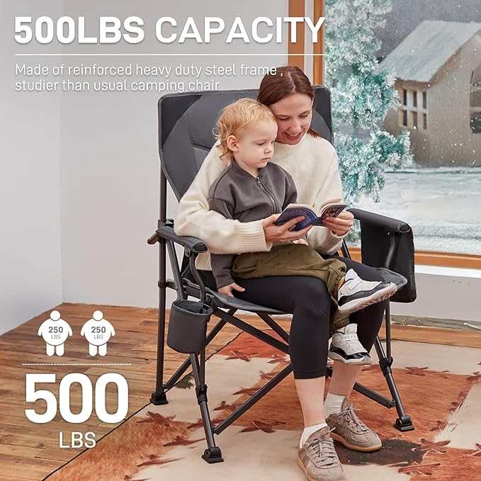 EVER ADVANCED Oversized Folding Camping Chair for Adults, Heavy Duty Lawn Chair with Side Pockets, Portable Collapsible Quad Chair for Outside, Support Up to 500lbs