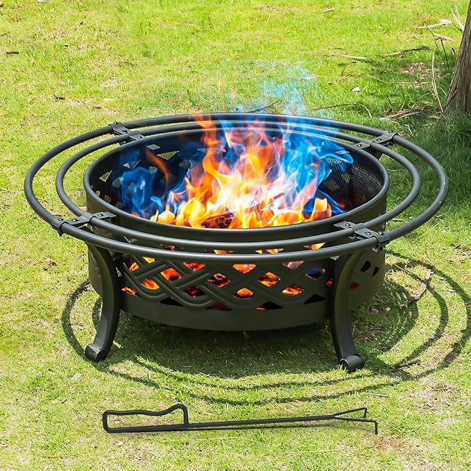 36 Inch Fire Pit with 2 Loops,Crossweave Wood Burning Fire Pits for Outside,with Spark Screen,Fire Poker,Round Outdoor Firepit for Patio,Yard,Garden,Camping,Bonfire(36''Black)