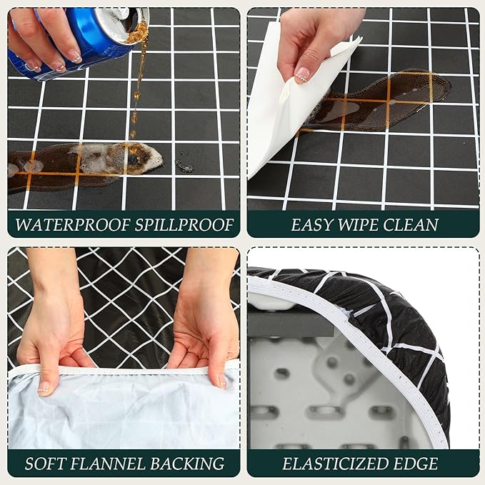 3 Pcs Plastic Picnic Table Cover Checkered Tablecloth Fitted Rectangular Table Cloth 30 x 72 Inch Vinyl Waterproof Flannel Backed with Elastic Rim for Indoor Outdoor Picnic Party(Black and White)