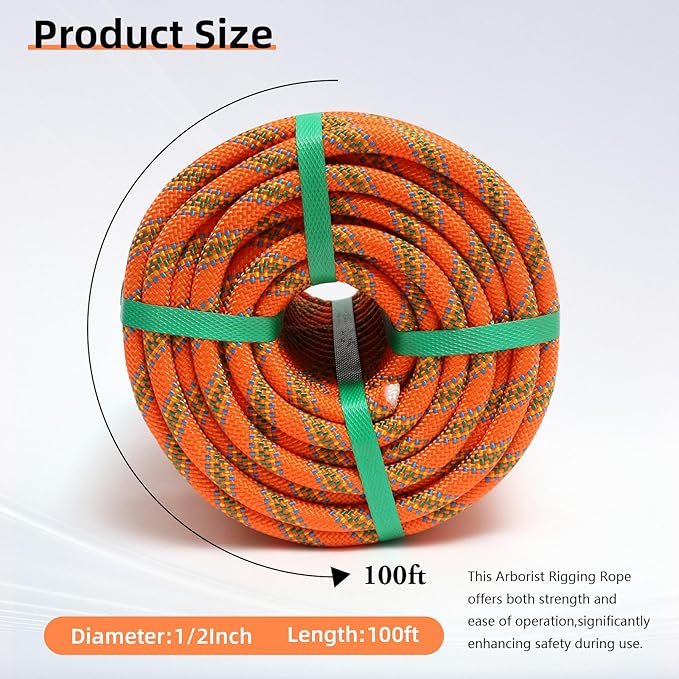 Climbing Rope, 1/2 Inch x 100 Feet Double Braided Arborist Rope Polyester for Outdoor, Climbing, Hiking, Swing, Tree Work, Halyard, Sailing etc(Orange)