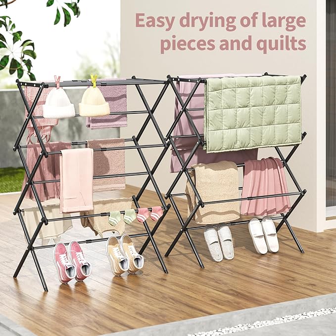 APEXCHASER Clothes Drying Rack, 3-Tier Laundry Drying Rack for Clothes, Expandable Metal Clothing Dryer, Collapsible Towel Rack, Air Drying Rack, Black