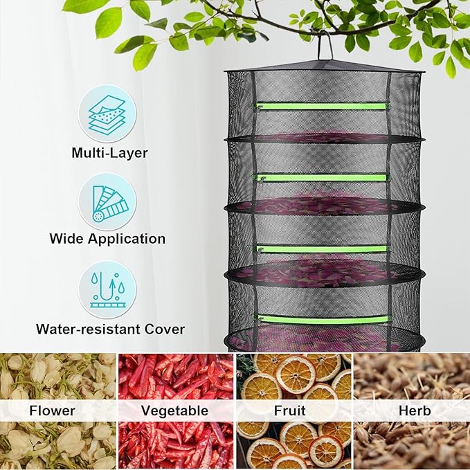 2ft Herb Drying Rack Net Mesh with Green Zippers Hydroponics,Bonus Hook Drying Rack Herbs for Plant Bud Seed, Mesh Hanging Plant Dry,Herb Dry Net for Garden (8 Layer, Zipper Style)