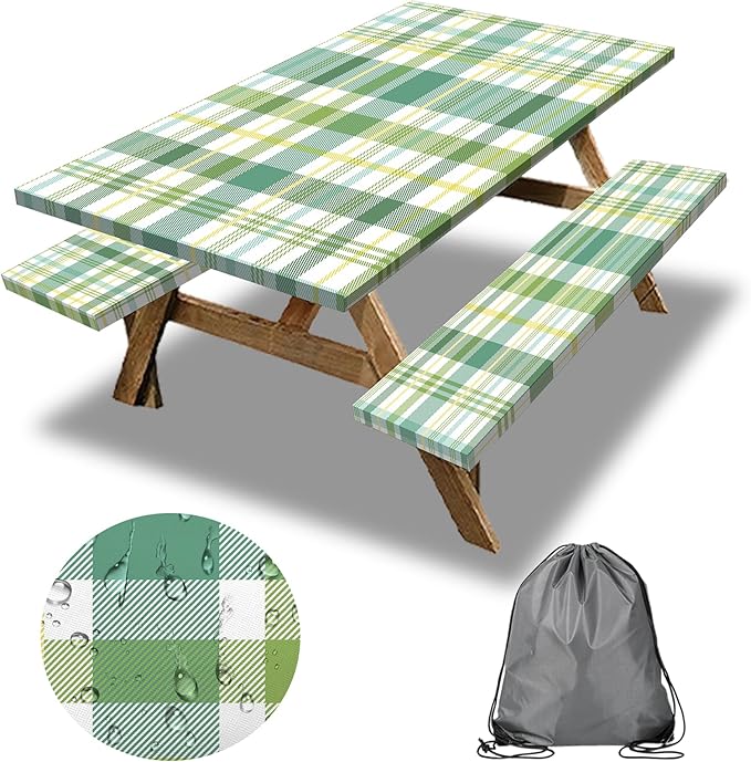 Green Picnic Table Cover with Bench Covers, 3 Pcs Waterproof Elastic Picnic Table Cover Outdoor Camping Essentials, Windproof Fitted Tablecloth for Indoor Outdoor (Plaid, 72X30 Inch)