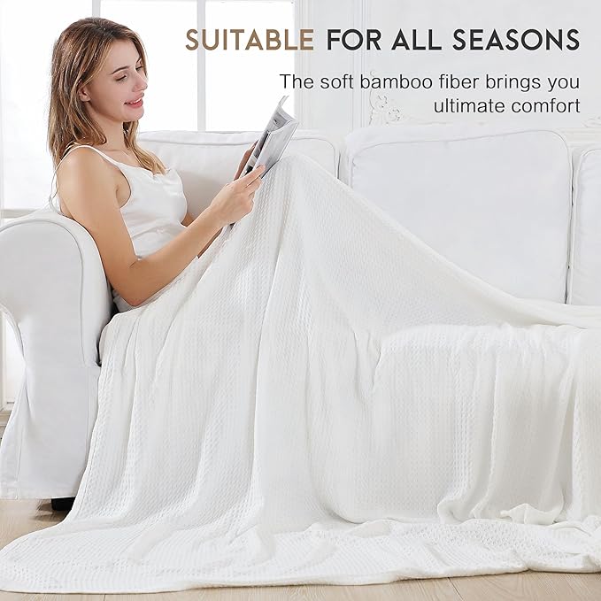 AmyHomie Cooling Waffle Blanket Queen Size, 100% Rayon Derived from Bamboo, Cool Summer Blanket for Hot Sleepers Soft Comfy Lightweight Blankets for All Seasons(White, 90×90in)