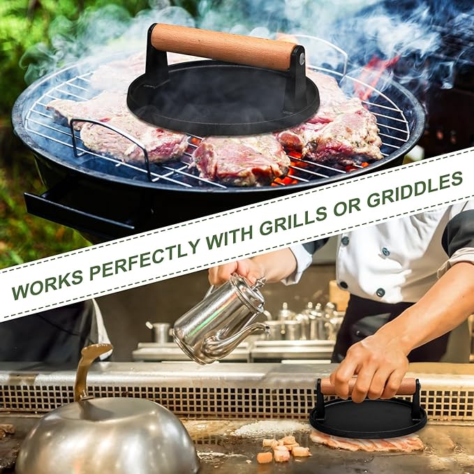 EWFEN Cast Iron Smash Bacon Press Meat Steak with Wood Handle, Burger Press(Round with Flat Bottom)