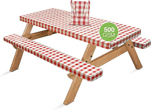 Hudson Comfort Picnic Table Cover with Bench Covers – 500 GSM Reusable Heavy Duty Vinyl Outdoor Table Cover - Waterproof Picnic Tablecloth with Carry Case (Red, 72 Inch (6 Feet))