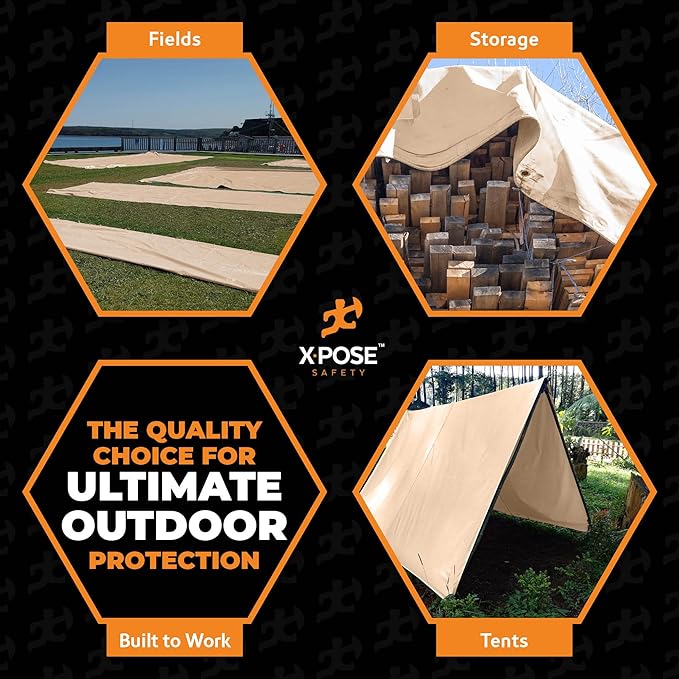 Heavy Duty Tan Poly Tarp 16' X 20' - Multipurpose Protective Cover - Durable, Waterproof, Weather Proof, Rip and Tear Resistant - Extra Thick 12 Mil Polyethylene - by Xpose Safety