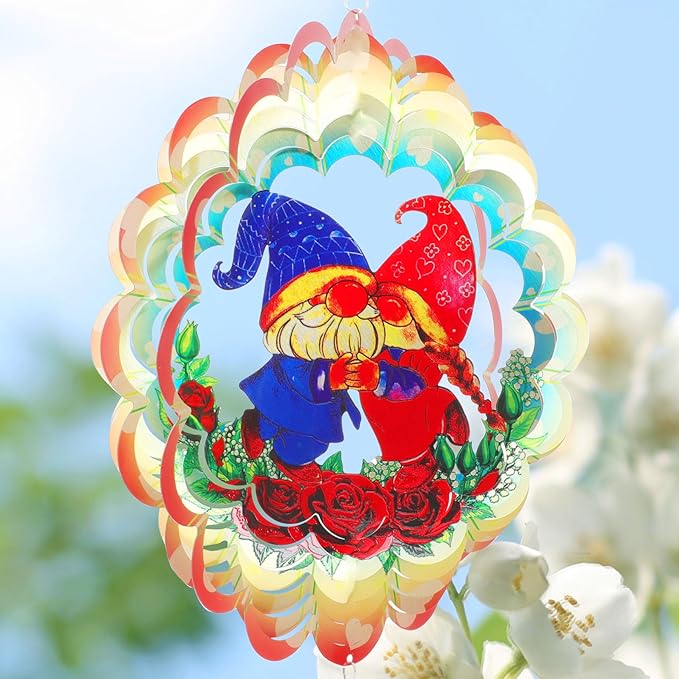 Gnome Wind Spinners Garden Yard Decor Gift for Women Men, 12 Inch Outdoor Metal 3D Wind Spinner, Stainless Steel Hanging Wind Catchers Kinetic Sculpture for Outside Decoration