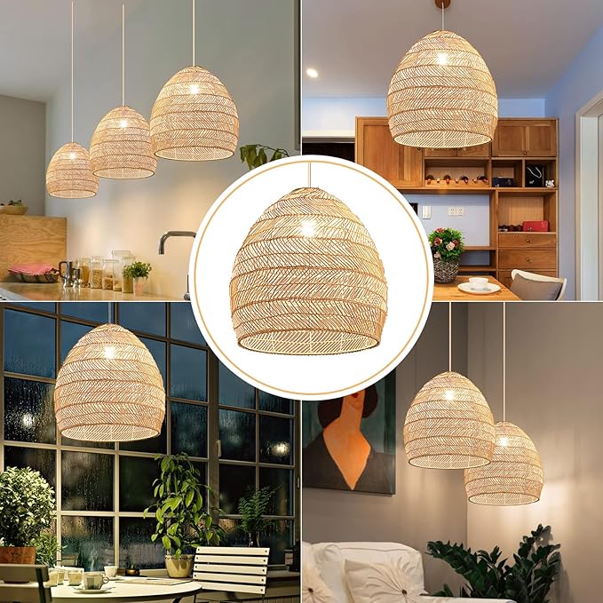 Arturesthome 1 Light Rattan Woven Pendant Light Shades,17.7" Kitchen Island Pendant Light,Handmade Hanging Lamp Crafts Lampshade for Living Dining Room