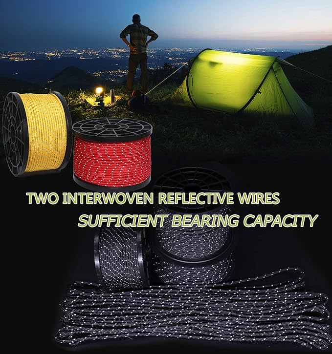 HIKEMAN 50m Reflective Guyline Solid Braid Nylon Camping Rope with Aluminum Adjuster Cord Tensioner Tent Accessory for Outdoor Travel,Hiking,Backpacking and Water Activities (Red, 4mm)