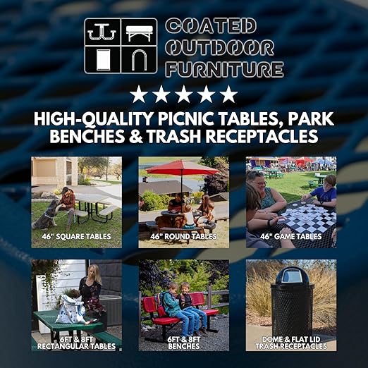 Coated Outdoor Furniture 32-Gallon Heavy-Duty Punched Steel Round Trash Receptacle, Commercial Outdoor Waste Bin with Liner & Black Flat Top Lid – Made in America (Textured Yellow)