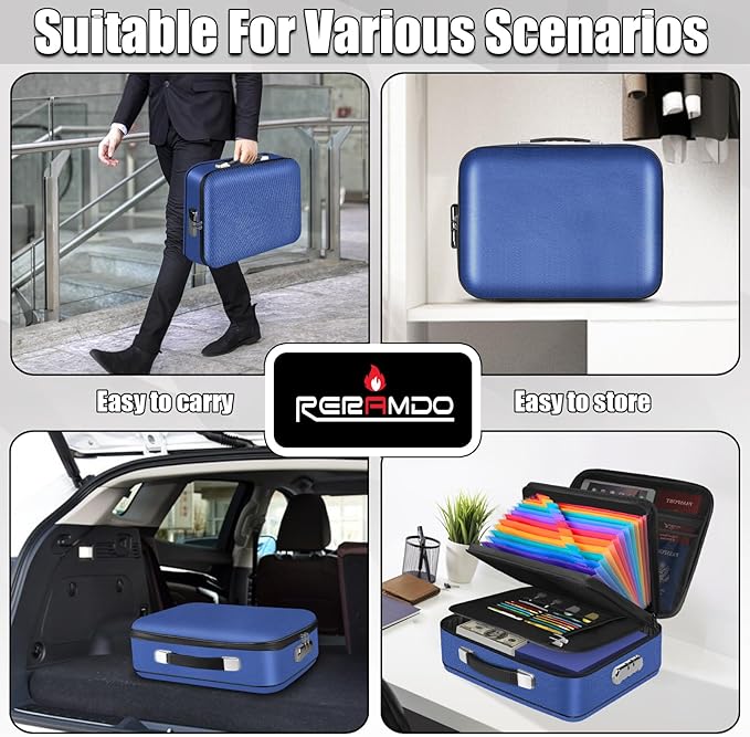 Fireproof Document Box, Hard Shell Fireproof Box, Document Organizer with Lock, Fireproof Water Resistant box, Portable Documents Safe Box for Important Document Certificates, Laptop, Passports, Blue