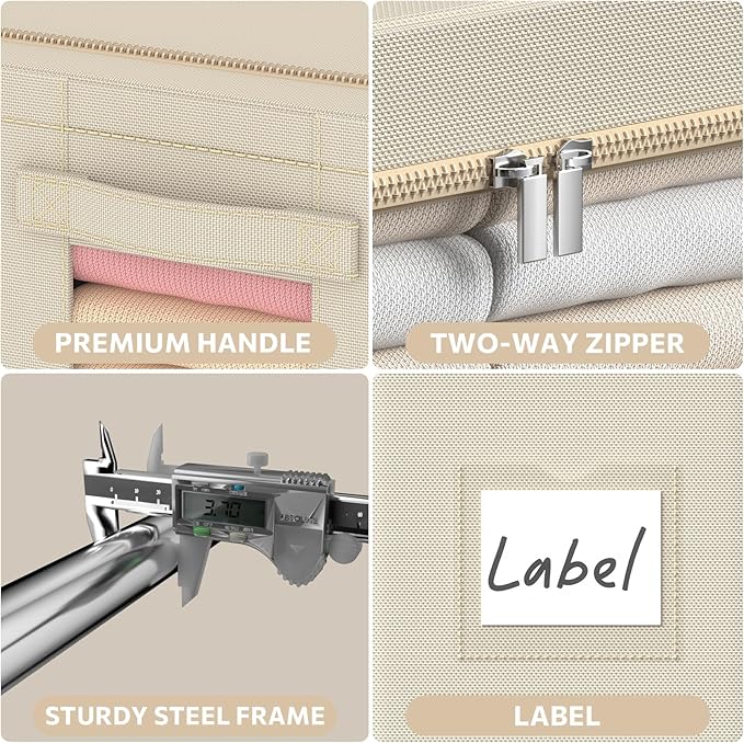 3Pack Frame Storage Box - Clothes Storage Bin Bags Oxford Fabric Foldable Stackable Container Organizer Set with Clear Window & Carry Handles Large Capacity (Beige, Extra Large-100L)
