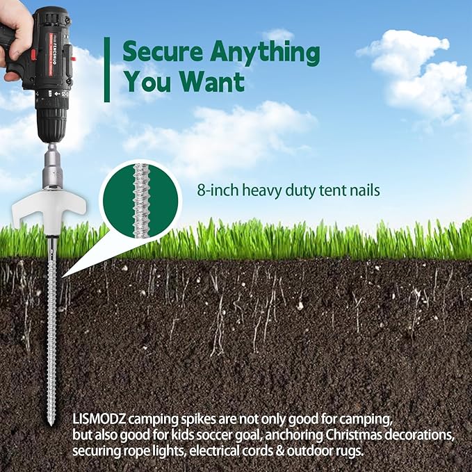 20 Pack 8" Screw in Tent Stakes for Drilling with Hex Heads - Heavy Duty Stainless Steel Tent Pegs/Nails/Spikes, Ground Anchors, Grow in Dark - for Camping, Grassland, Portable Box (White)