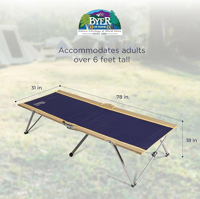 BYER OF MAINE Easy Cot - Extra Large Folding Cot - Heavy Duty for Indoor and Outdoor Use - Bed for Adults - 78”L X 31”W X 18”H - 330 lb Capacity
