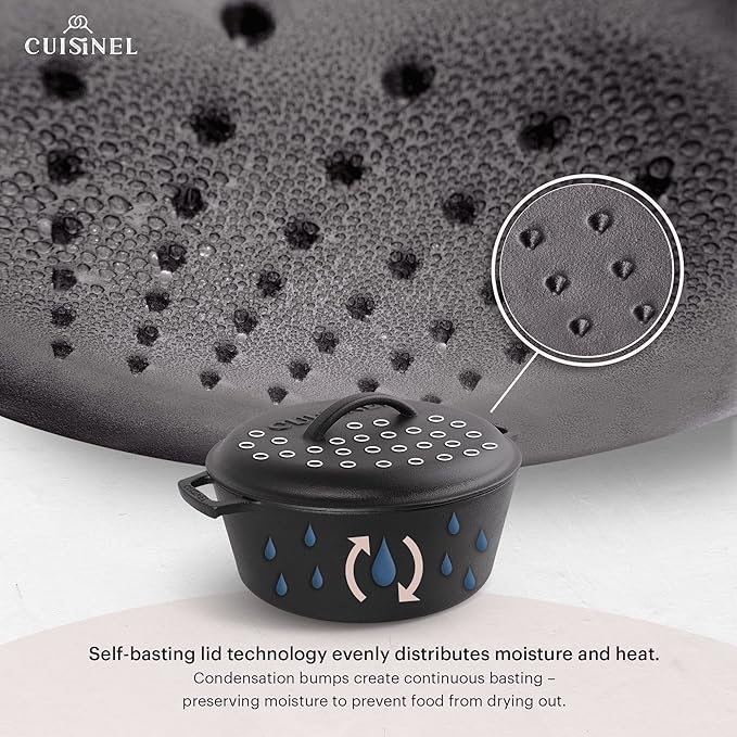 Cuisinel Cast Iron Dutch Oven - 7-Quart Deep Pot + Lid + Pan Scraper + Handle Covers - Large Pre-Seasoned Cooker for Baking Bread, Soup, Frying - Indoor/Outdoor Kitchen, Camping, Fire, BBQ Safe