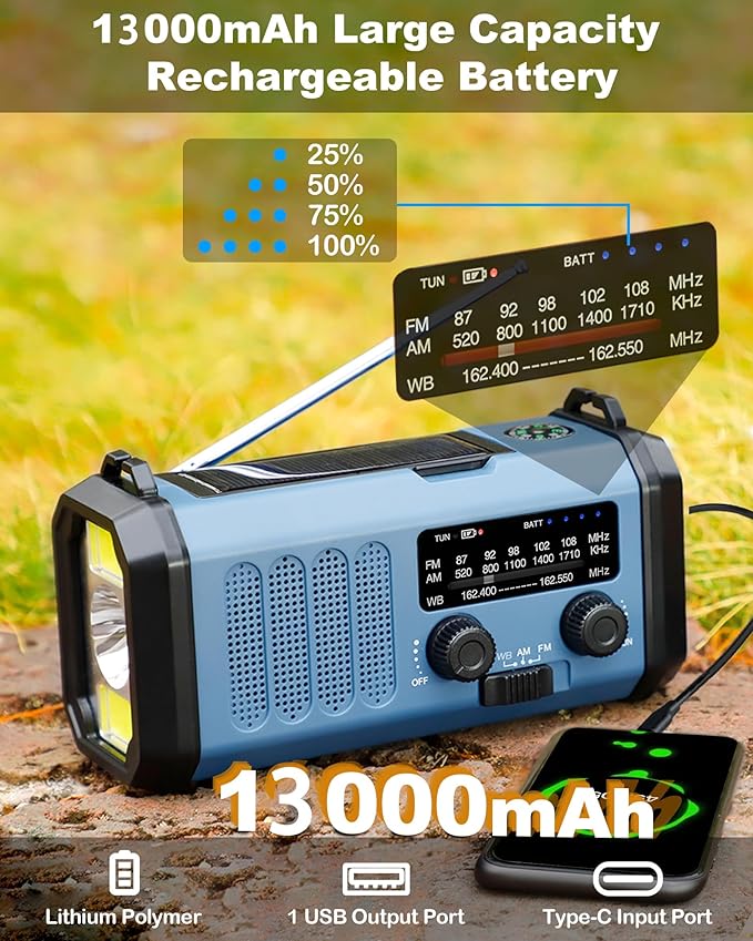 13000mAh Emergency Radio with NOAA Weather Alert, Portable Solar Hand Crank AM/FM Radio for Survival, Rechargeable Battery Powered, USB Charger, Flashlight, Reading Lamp, for Home Outdoor