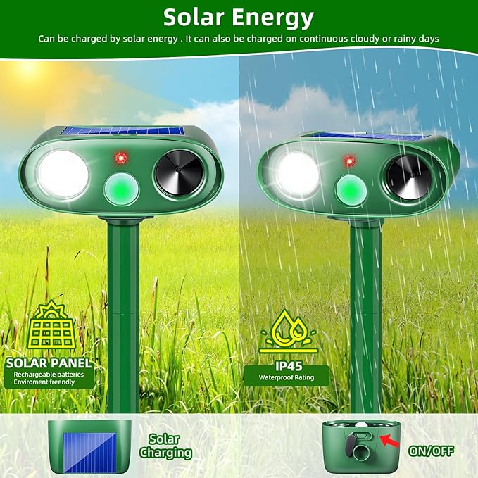 2025 4Pack Solar Ultrasonic Animal Repellent Outdoor Deer Repellent Devices with Motion Detection&Flash Lights,Waterproof Squirrel Skunk Raccoon Dog Cat Deterrent for Yard Patio Farm Garden