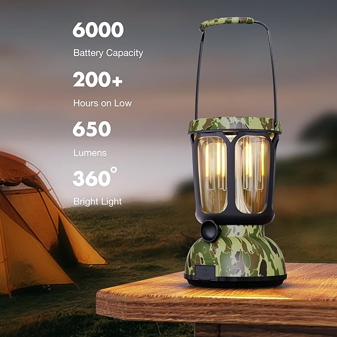 Raynic 6000 LED Camping Lantern, 650LM Hand Crank Solar Battery Powered Rechargeable Lantern, Emergency Lights for Home Power Failure, Hurricane, USB Cable Included