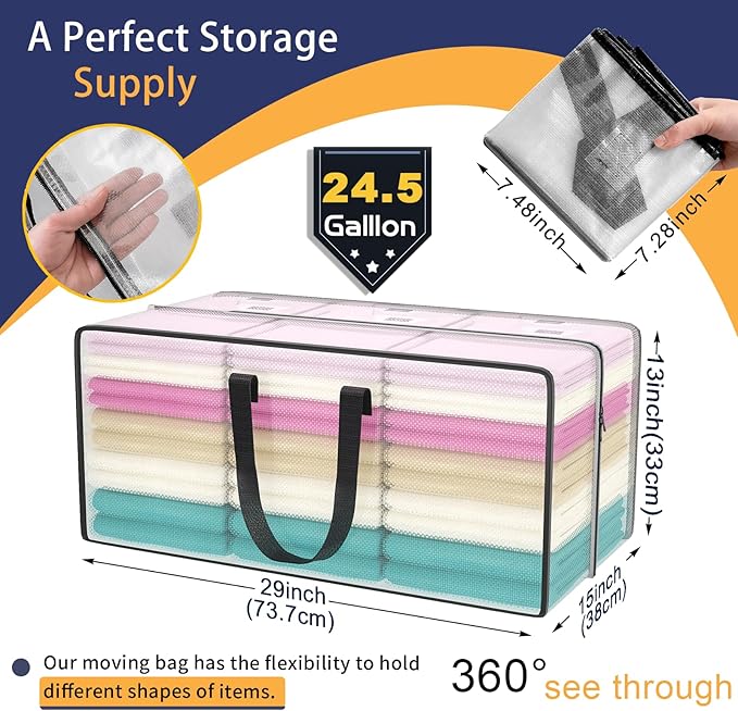Clear Storage Bags with Zipper, 2 Pack Large Moving Bags Heavy Duty Extra Large, Plastic Storage Totes for Clothes, College dorm Packing Bag with Strong Handles