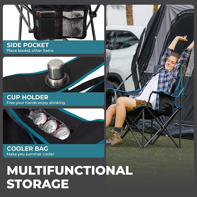 FUNDANGO Oversized Camping Chair for Adults, Heavy Duty Foldable Portable Lawn Chair with Padded Seat & Back, 4-can Cooler & Cup Holder, Carry Bag Included for Outdoor (Black/Grey)