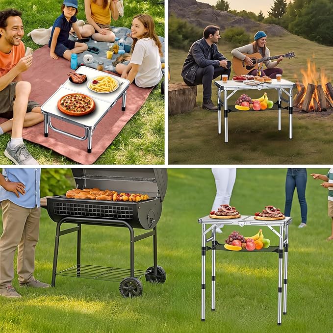 Folding Camping Table, Aluminum 24" x 16" Adjustable Height Small Folding Table with Carrying Handle, Lightweight, Portable Camping Table Waterproof for Outdoor Indoor Picnic Beach BBQ, Silver
