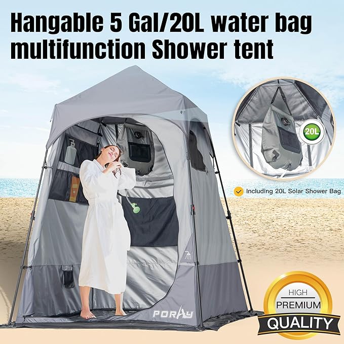Camping Shower Tent Deluxe Changing Room Easy Set Up Privacy Shelter,Large Toilet Tent with Floor Drain Design for Beach, Camping,Hiking with Stakes and Ropes for Stability