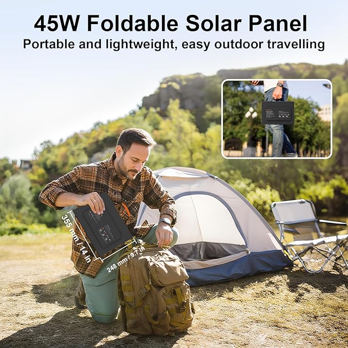 45W Portable Solar Panel Charger with USB-C, USB-A and DC Outputs 18V Foldable IP67 Waterproof Solar Panels with an Adjustable Kickstand, Mini Charger for Phones, Power Bank, Camping, Hiking, Outdoor